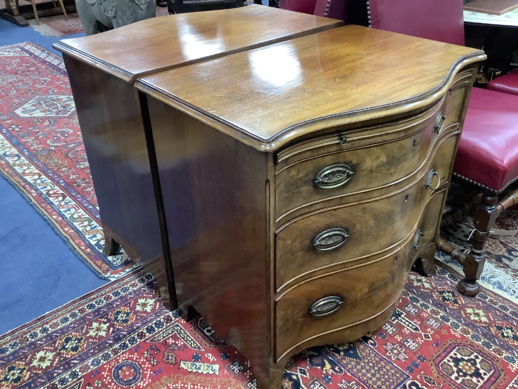 A George III design mahogany serpentine chest, fitted brushing slide and three drawers, width 77cm depth 49cm height 76cm